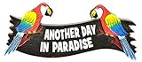 PARROTS Hand Carved Wooden ANOTHER DAY IN PARADISE Cocktails Drinking BEACH Surfboard Sign