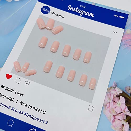 Light Pink Press on Nails Medium,KXAMELIE Glue on Nails Square Shape Acrylic Nails Press on with Soft Pink Color Design Fake Nails Set for Women Girls Daily Wear in 24PCS