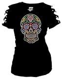 Bling Sugar Skull Rhinestone T-Shirt,Heart Neon Stud Ripped Cut Out Short (3X-Large)