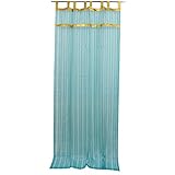 Mogul 2 Sari Curtains Sheers Turquoise stripes Window Panels Gold Tab Tops Drapes (Length:108")