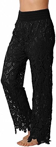 Van Hannah Women's Beautiful Abstract Lace Crochet Pants with Comfort Waistband (S/M, BLACK-P300)