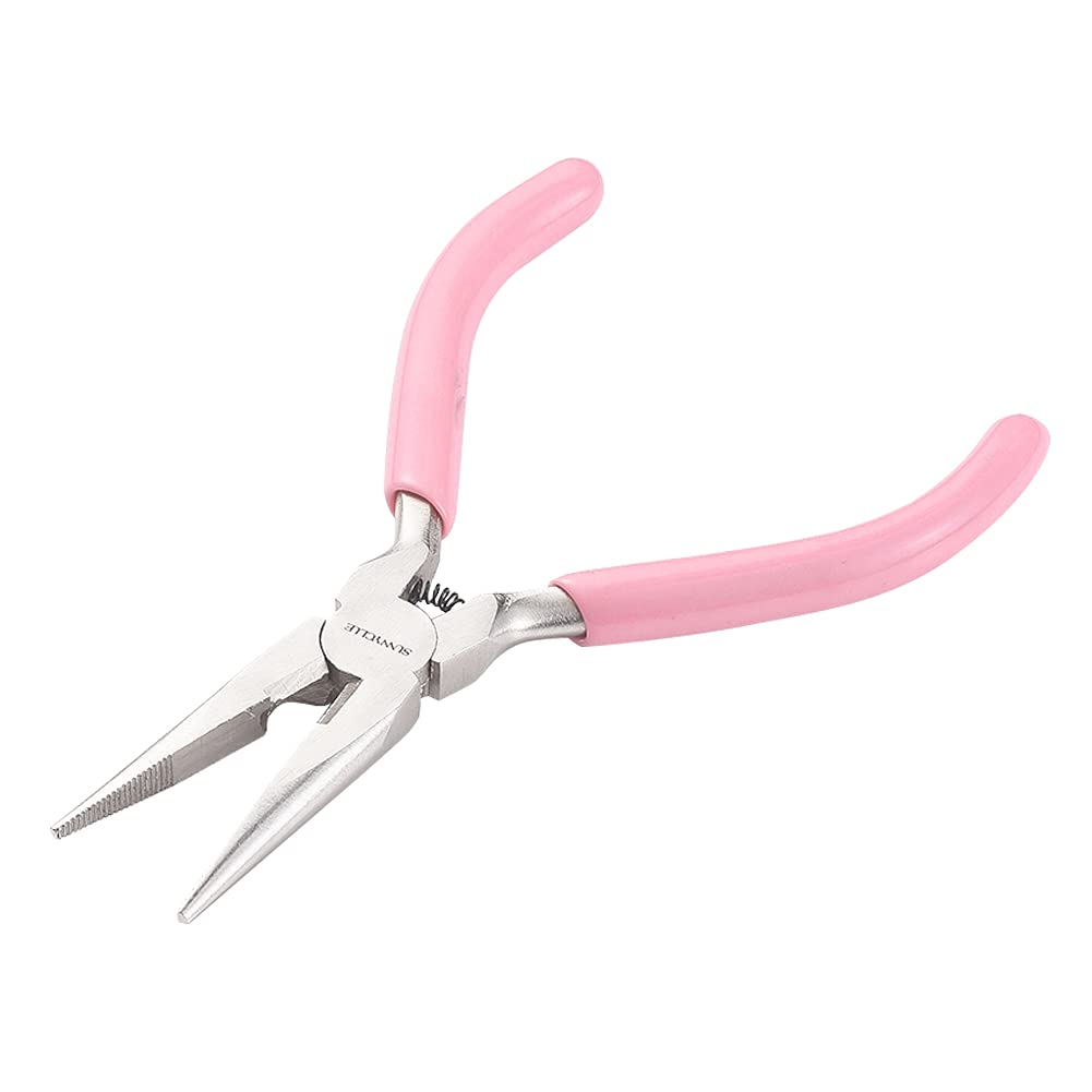 SUNNYCLUE 5 Inch Long Chain Nose Pliers with Serrated Jaws Mini Precision Pliers Side Cutting Plier Pink Jewellery Plier for Jewellery Making Beading Wire Wrapping DIY Craft Hobby Projects Supplies