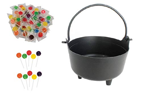 Halloween Cauldron Candy Bowl (Size: 9.5" x 6") with 140 Suckers Candies | Witch Serving Cauldron Bowl, Candy Bucket, Trick N Treat Bowl, Halloween Party Supplies