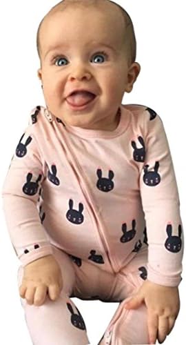 Newborn Baby Boys Girls Print Zipper Long Sleeve Romper Outfits Clothes (3M, Pink)