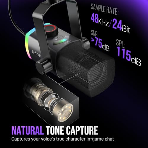 FIFINE Gaming Microphone Kit, XLR/USB Dynamic PC Microphone with Boom Arm for Podcast Recording, RGB Streaming Mic Set, Tap-to-Mute, Mix Control, Headphone Jack-AmpliGame AM8PROT