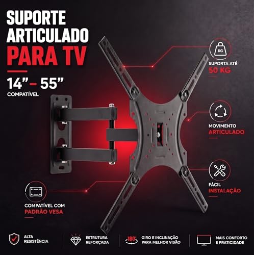 Suporte TV Articulado Universal 14 A 55 Polegadas Até 50kg Parede Ajustável Giratório Inclinável Compatível VESA LED LCD Plasma Monitor Resistente