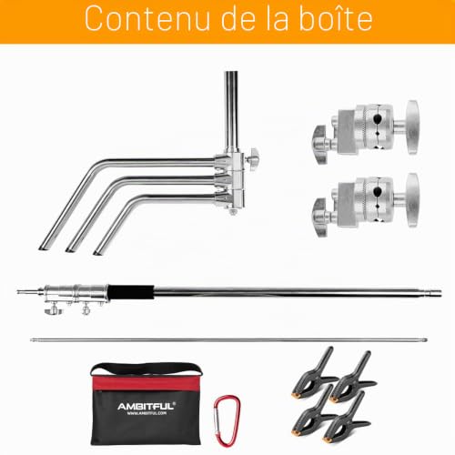 AMBITFUL Heavy Duty Stainless Steel C Shape Stand with Pole - Max Height 320cm - Photography Light Stand with 50.4" Hand Arm, 2 Grip Heads
