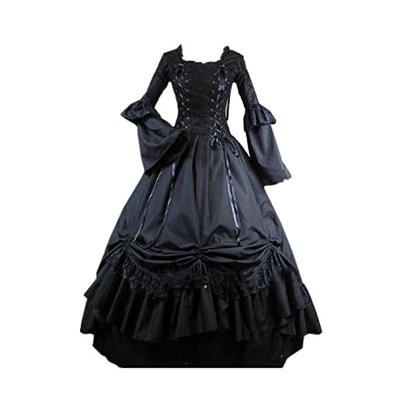 Loli-Miss-Womens-Square-Collar-Lace-Up-Gothic-Lolita-Dress-Ball-Victorian-Costume-Dress-M-Black