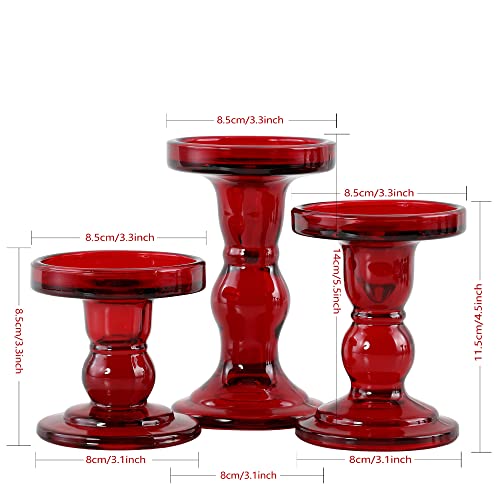 GMWD 3 Pcs Red Glass Candle Holder Set Clear, Christmas Candlesticks Holders Pillar Taper Candles Tealight Stand for Wedding Centerpieces Home Decorations Dining Table