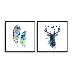 2 Piece Framed Canvas Home Artwork Decoration Feather and Deer Canvas Wall Art for Living Room, Bedroom - 16"x16"x2 Panels