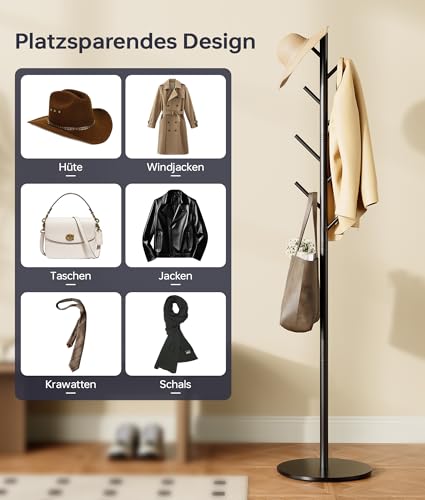 Clothes Rack with 8 Hooks, 3-Way Height Adjustable, Modern Coat Tree Made of Sturdy Metal with Sintered Stone Base for Office and Bedroom, Ideal for Coats, Hats and Bags (30 x 30 x 167 cm)