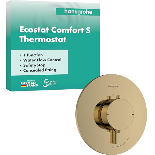 hansgrohe Ecostat Comfort S - termostato para ducha empotrado, grifo ducha con boton de seguridad (SafetyStop) a 40 °C, mezclador para 1 funcion, color oro pulido, 33714990