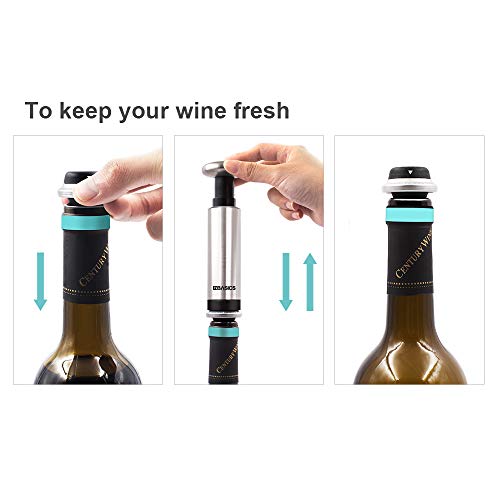 EZBASICS Wine Saver with 4 Wine Stoppers - Stainless Steel Wine Vacuum Pump with 4 Rubber Wine Bottle Stoppers with Vacuum