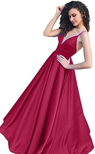 SHNE Women's 2018 Sexy Spaghetti Straps V Neck Empire Ruched Satin A Line Long Evening Formal Prom Dress Burgundy US6