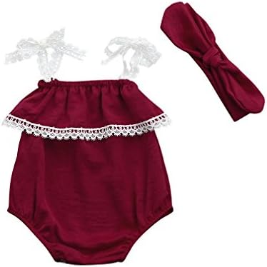 Fartido Romper Baby Girl Solid Lace Strap Jumpsuit + Headband Set Clothes