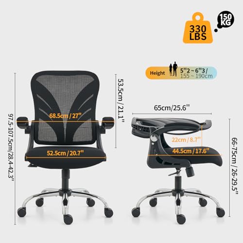HOLLUDLE Ergonomic Office Chair with Foldable Backrest, Computer Desk Chair with Widened Seat(52 CM), Flip-up Armrests, Mesh Lumbar Support and Tilt Function, Black