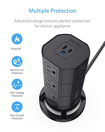 image for BESTEK 12 Outlets Power Strip Tower with 3 USB Ports Stackable Design 