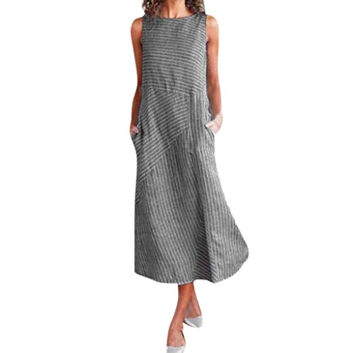 BODOAO Women Linen Casual Striped Sleeveless Dress Crew Neck Pocket Long Dress