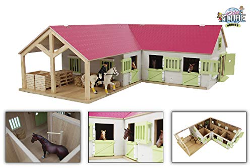 Kids Globe Farming Reiterhof rosa Bauernhof Pferdestall Holz 1:24 mit 3 Boxen, Spielzeug Pferdehof, mit praktischem Faltdach, für alle gängigen Tierfiguren 610210 – Bild 6