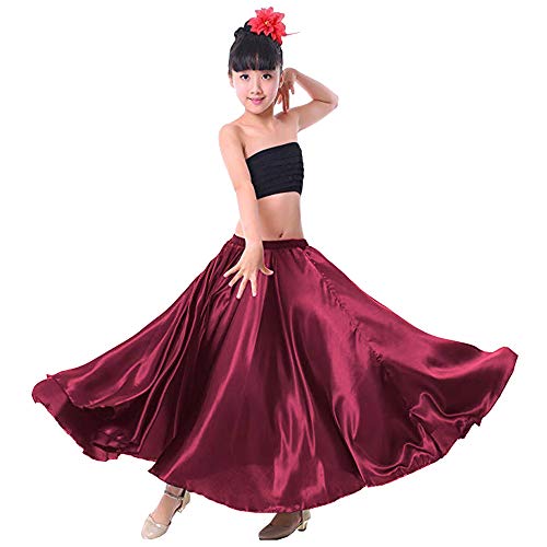 Backgarden Girl Children Color Stretched Waist Performance Circle Skirt Belly Dance Dress (8/10/12, Dark red)