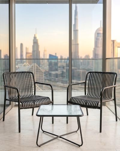 HariNorgen 3 Piece Patio Bistro Set Indoor Conversation Set Outdoor Garden Balcony 2 Large Black Plastic Armchairs & Square Glass Top Coffee Side Table,Black