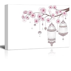 Cages of Birds on a Blooming Cherry Branch Wall Decor