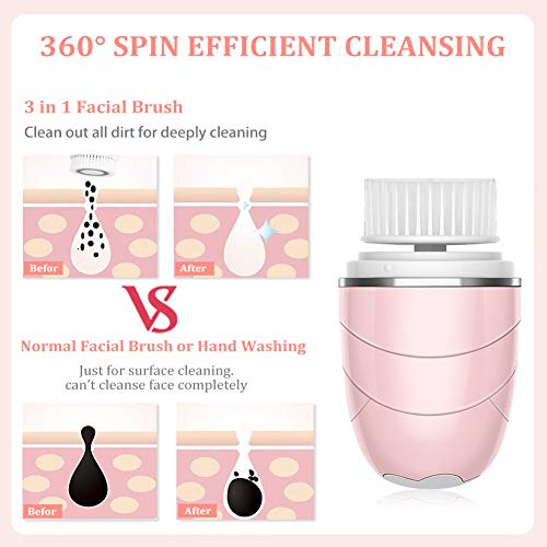 Facial Cleansing Brush, Professional Rechargeable Electric Waterproof Rotating Face Spin Brush with 3 Brush Heads for Deep Cleansing, Exfoliating and Massaging, Intelligent timing system