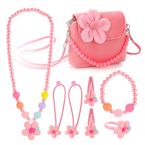 Hifot Kids Jewelry Little Girls Plush Handbag Necklace Bracelet Ring Hair Clips Set, Jewelry Party Favors Gift for Dress up Pretend Play