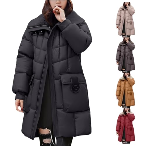 Winter Coats for Women UK Black Mid Length Warm Puffer Jackets Waterproof Quilted Padded Coat Fleece Collar Zip Up Overcoat with Straight Pockets