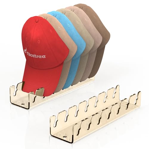 Nicetree Hat Organizer for Baseball Caps, 2 Pcs No Install Acrylic Hat Racks for 14 Baseball Caps Storage, Hat Stand for Caps Display and Organizer for Dresser, Bedroom, Closet, Office