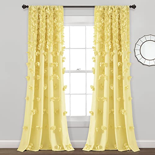 Lush Decor Riley Window Curtain Panel - Charming Handmade Bow Details - Elegant Light Filtering Single Curtain for Living Room, Dining Room, or Bedroom - 54 W x 84 L, Yellow