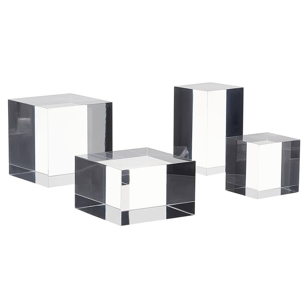 OLYCRAFT 12PCS Clear Acrylic Cube & Cuboid Jewelry Display Bases - 4 Sizes (3x3x3cm, 4.5x4.5x4.5cm, 3x3x5cm, 4.5x4.5x3cm) - Polished Acrylic Display Stand for Rings, Figurines, Collectibles