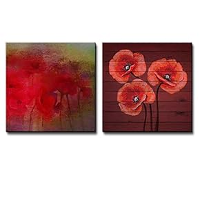 Red Flowers with a Green Vignette Along with Red Poppies Over Cherry Wooden Panels - Canvas Art Home Art - 12x12 inches