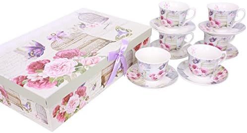 London Boutique Tea Cups and Saucers Set 6 Vintage Flower Flora Rose Lavender in Gift Box (Summer Garden)