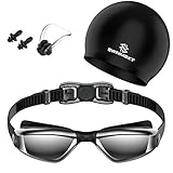Swimmaxt Swimming Goggles + Nose Clip + Ear Plugs, Anti Fog UV Protection for Adult Men Women Youth Kids Child (Pro-Black)