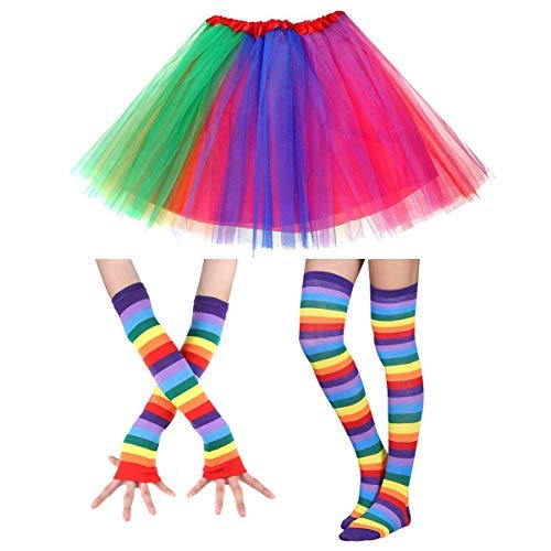 Faylapa 80s Rainbow Tutu Skirt,Knee High Socks and Long Gloves Party 1980s Costume Accessory Set