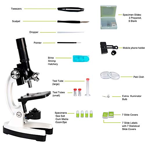 Scientoy kids Microscope with 100X-600X-1200X, 45 pcs Microscope Kit with Large-caliber Eyepiece, 12 Microscope Slides Brine Shrimp Hatchery, Metal Body, LED Light, Phone Holder, Best Science Experime