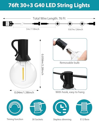 kolpop 2 Pack Outdoor String Lights 76FT/23M, [Dimmable & Timing] LED String Light with G40 Bulbs, Waterproof Outdoor Lights for Garden, Patio, Party