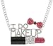 Silvertonetone Fully Iced Out I Do Makeup Fuchsia Lipstick and Bow Pendant with an 18 Inch Adjustable Link Necklace