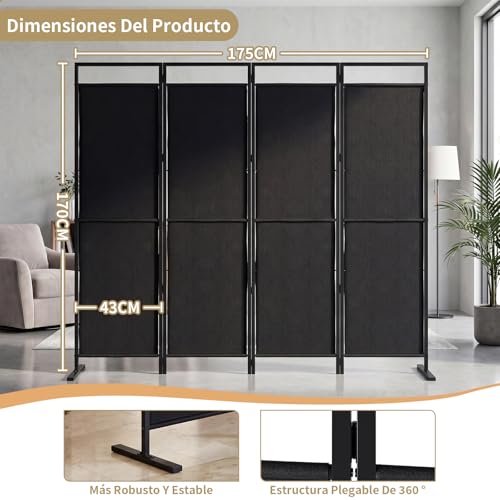 SIMPLE ESPACIO Biombo de privacidad Plegable de Cuatro Paneles, Base ensanchada, Divisor portátil, Dimensiones del Panel 175 cm de Ancho x 170 cm de Alto (Negro)