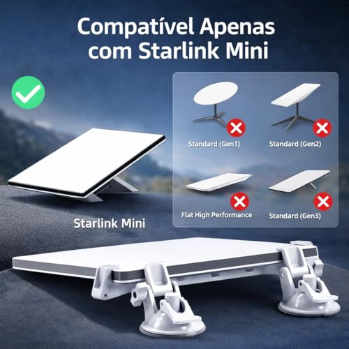 Suporte Starlink Mini para Carro Painel e Para-brisa com Ventosa Alta Sucção, Fixação Estável Antivibração, Compatível com Veículos, Posicionamento Seguro sem Obstrução, Material Resistente