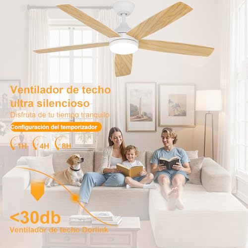 Dorlink Ceiling Fan Lamp with Remote Control, Ø132 cm, 6 Speeds, Timer, 34W DC Motor, Summer-Winter Function, Fan Lamp for Indoor Bedroom, Natural Wood Colour/White