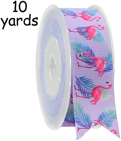 Icasa Moon Flamingo Tropical Leaves Grosgrain Ribbon, Mothers Day Birthday Summer Party Gift Bouquet Wrap Scrapbook Craft Art DIY Hair Bow Clip Tie Material, Lavender, 10 Yards