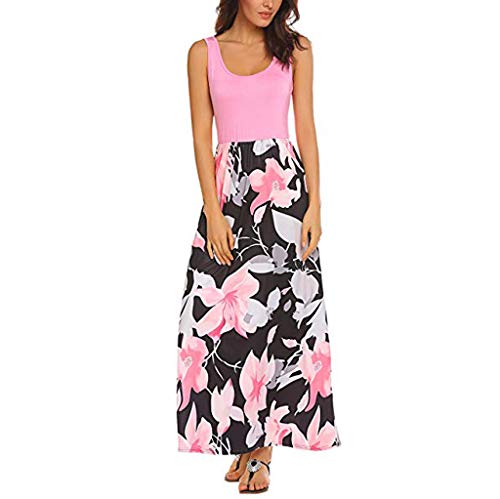 Mysky Fashion Women Summer New Bohemian Floral Print Sleeveless Solid Color Tank Beach Sundress Long Maxi Dress Pink - Thumbnail 6
