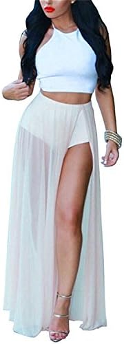 Lamazyan Women's 2 Pieces Tank Top T Shirt Mesh Maxi Skirt Clubwear Party Set WhiteSmall