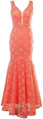 TSRJ Women's Double V-neck Sheer Slit Front Long Mermaid Lace Splicing Evening Dress Coral Small