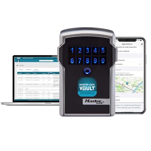 MASTER LOCK Smart Connected Key Safe Wall Mounted, Bluetooth or Combination, Medium 83 x 127 x 59 mm, Outdoor, for Professionals, Black and Grey