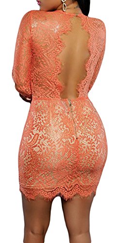 made2envy Deep V Neck Lace Nude Illusion Mini Dress (M, Coral) LC22535MC