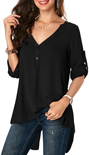 Realdo Womens Chiffon Long Tops, Casual Solid Button Down Irregular Shirt Blouse
