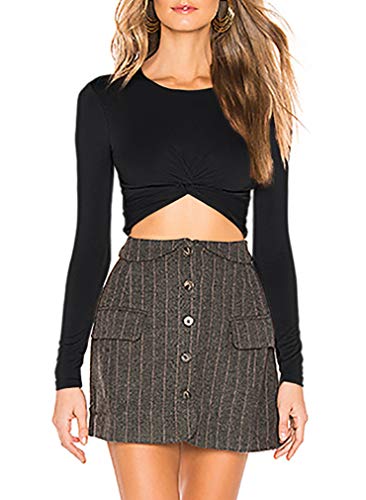 THANTH Womens Crop Top Workout Shirts Long Sleeve Casual Basic Twist Knot Tank Tops Black M